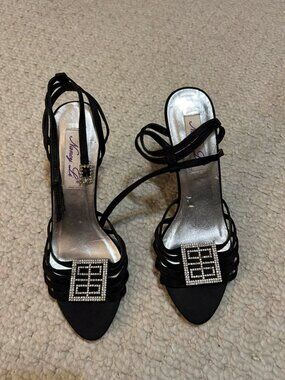 Nancy Le Black Strappy High Heel Sandals with Rhinestone Buckle